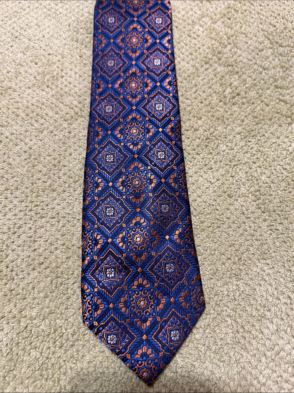 NWT Joseph Abboud Blue and Copper Geometric Silk Tie